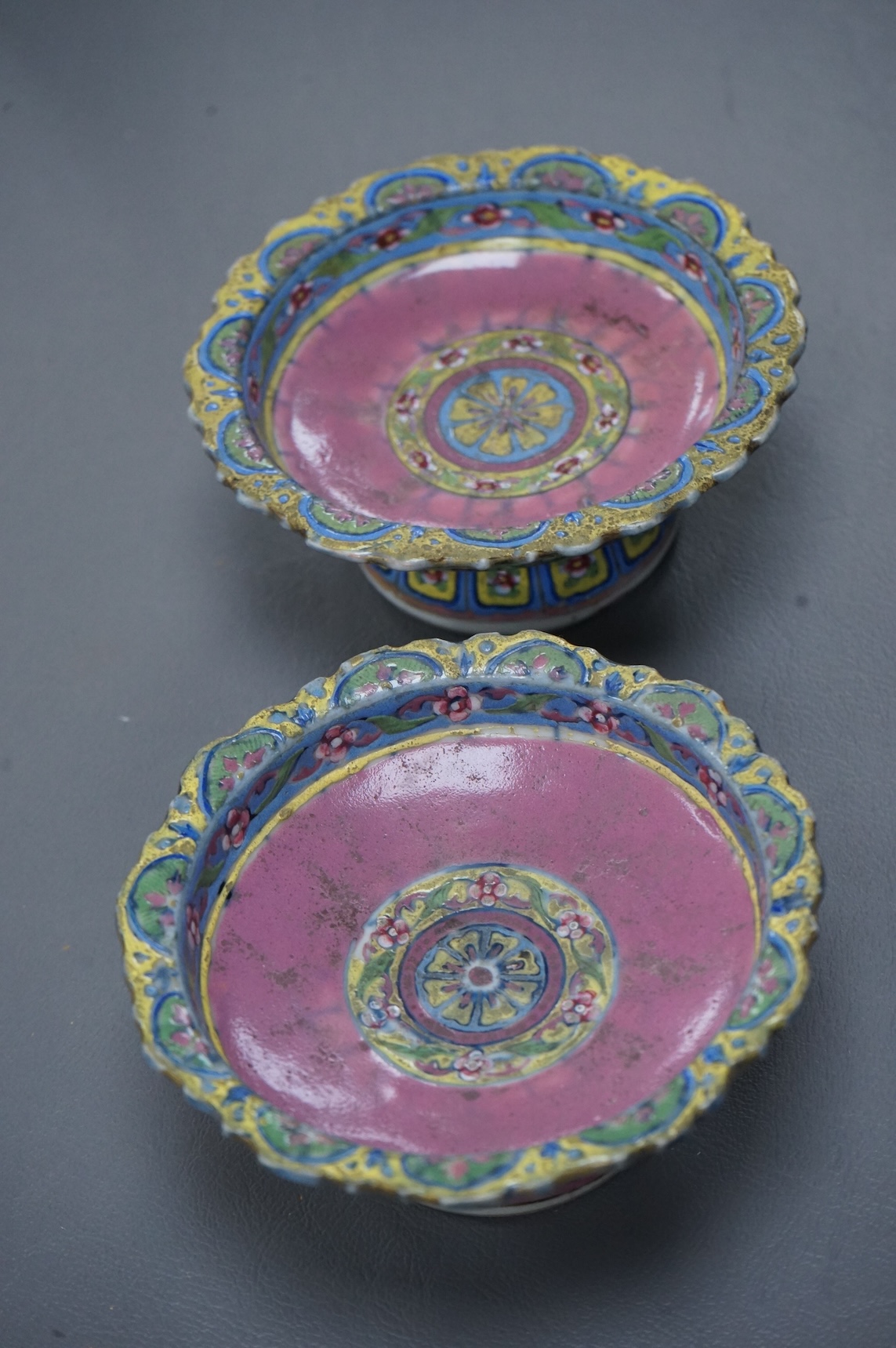 A pair of 19th century Chinese Straits enamelled porcelain stem dishes, top 11cm diameter